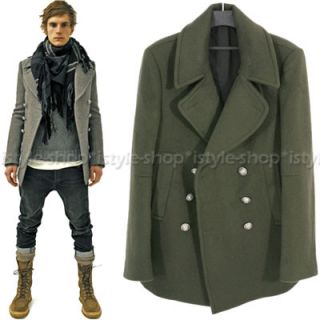Men Double Breasted Wool Blend Pea Coat w Silver Button 3 Color M L