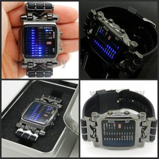 Digital Watch Blue/Mix Color LED Watch Metal Band Boys Mans Gift Box
