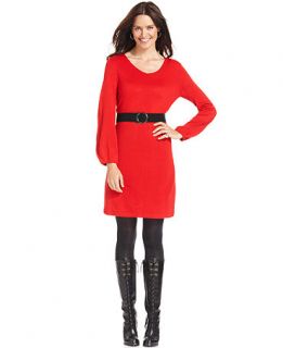 NY Collection Petite Dress, Long Sleeve Belted Sweater Dress   Womens