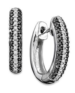 Diamond Earrings, Sterling Silver Black and White Diamond Stripe (3/4