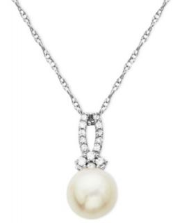10k White Gold Necklace, Cultured Freshwater Pearl and Diamond Accent