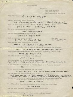 Milburn Stone Questionnaire Signed Circa 1954