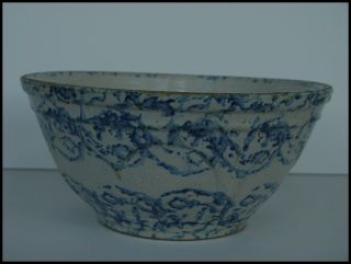 Antique Blue White Spongeware Stoneware Mixing Bowl