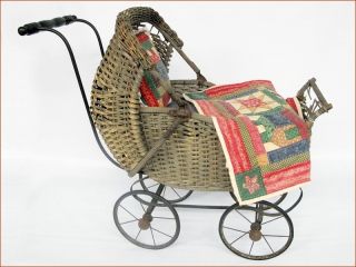 Vintage Wicker Doll Stroller Carriage Pram Metal Wheels