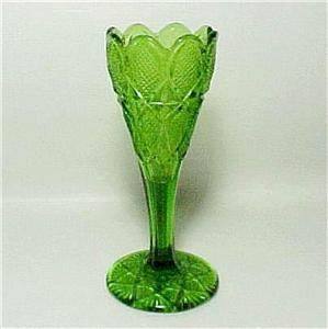 Antique Green EAPG Pressed Early American Pattern Glass Vase Footed w