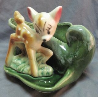 Vtg Walt Disney Bambi Pottery Planter Figural Flower Pot Green Drip