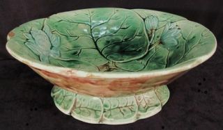 Antique 1800s Majolica Compote Water Lily Pad Pond Bowl
