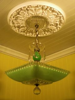 30s Deco Jadeite Ceiling Light Fixture Chandelier