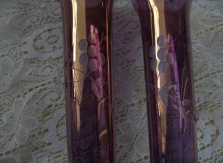 Beautiful vintage pair amethyst tall bud Bohemian art glass vases (9