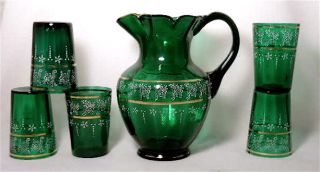 Victorian enameled green optic pitcher set, 6p. EAPG