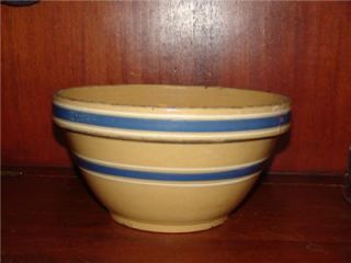 Huge Yellow Ware Yellowware Bowl Blue Stripes Banded Excellent Old