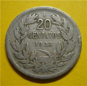1923 Chile 20 Centavos Twenty Cents World Coin Circulated 486