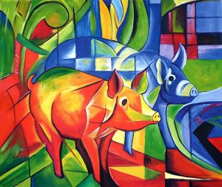 Franz Marc   blaues und rotes Schwein   Leinwandbild auf Keilrahmen