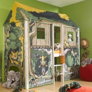 Hochbett Kinderbett Spielbett Bett Dschungel Thuka massiv inkl Vorhang