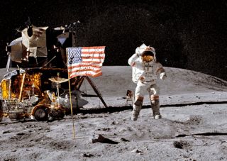 3D Postkarte Sprung auf den Mond, Astronaut, Weltall