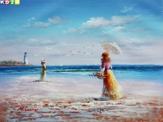 Sylt Frau mit Sonnenschirm am Strand a81041 30x40cm oelgemaelde