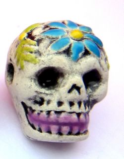 GORGEOUS HAND MADE CERAMIC SUGAR SKULL DAY OF THE DEAD FLOWER BEAD