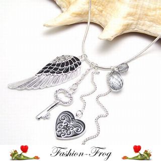 Halskette Kette Engel Flügel Schlüssel Herz Strass grau