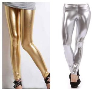 Metallic Gold Silver Womens Shiny Liquid WET LOOK Leggings Tights Full