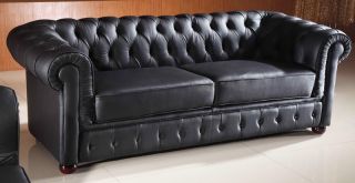 Echtleder Chesterfield Couch Sofa Garnitur 3 2 SCHWARZ