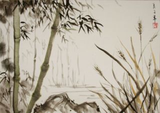 A4 bambus5 HORINOUCHI orgnl.Tuschmalerei Sumi e Japan Unikat