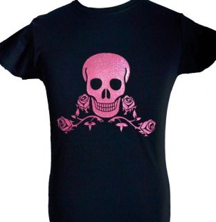 SKULL & ROSES TATTOO   NEW BLACK ADULT T SHIRT with PINK GLITTER SIZE