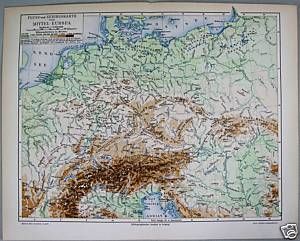 Alte Landkarte 1894 Fluss und Gebirge Mitteleuropa 318