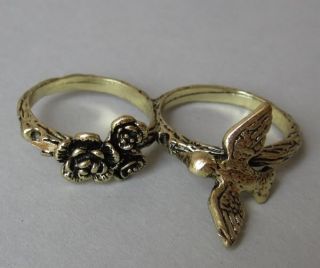 Doppelring Zwei Finger Ring Vogel Blüten double ring bird goldfarben