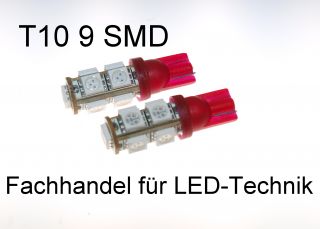 Standlicht 9 SMD LED T10 w5w Rot Glassockel Rote
