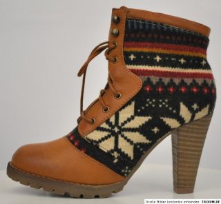 Stiefeletten Damen Stiefel Norweger Muster Boots Schuhe Camel 36 37 38