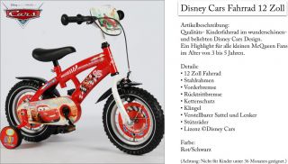 Disney Cars Fahrrad 12 Zoll Kinderfahrrad Kinder ab 3 J. Lizenzfahrrad