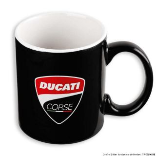 Die schwarze Tasse mit Ducati Corse Logo ist der perfekte Begleiter