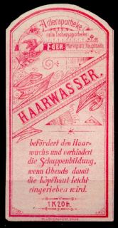 alte reklamemarke adler apotheke eger, haarwassser etikett /587