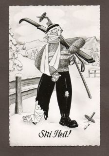 AK Ski Heil Beinbruch Unfall Skiunfall Karikatur Humor