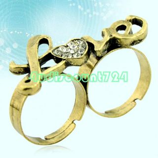 Bronze Love Adjustable Metal Rhinestone Double Finger Ring