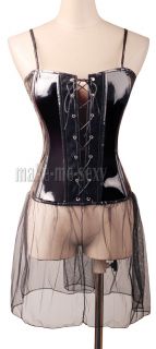 Gothic Black PVC Corset & Chiffon Dress Size S 6XL With G String Front