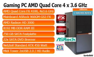 Gaming Quad Core PC FX 4100 AMD 4x3.6GHz 8GB DDR3 RAM 750GB HDD Radeon