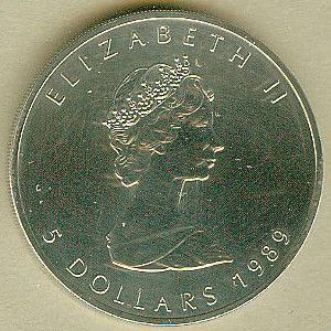 Canada Kanada Silber Münze Canada 5 Dollar Elizabeth II, 1989 Top