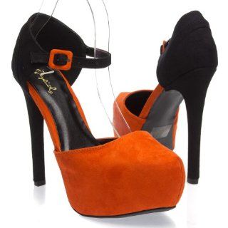 Strap High Heel Stiletto Pump Sandal Shoes, Orange Red Faux Suede
