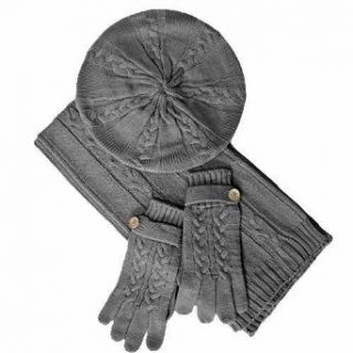 Dark Grey Cable Knit Beret Hat Scarf & Glove Set Clothing