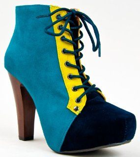 PUFFIN 38 Colorblock Chunky High Heel Lace Up Ankle Boot Bootie Shoes