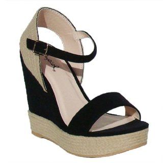 Qupid Black Ankle Strap Espadrille Platform Wedge (Hampton39) Shoes