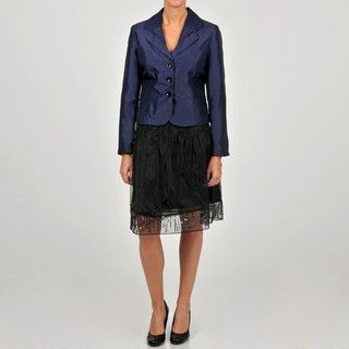 Sharagano Womens Purple/ Black Shantung Jacket Embellished Skirt Suit