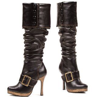 Ellie Shoes Knee High Heel Cuff Black Buckle Strap Pirate Boots Shoes