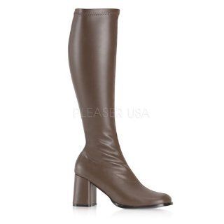 inch Block Heel GOGO Boots, Side Zip Brown Str Faux Leather Shoes