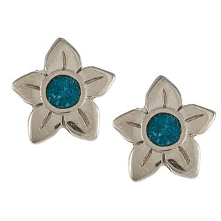 Southwest Moon Silvertone Turquoise Inlay Flower Post Earrings