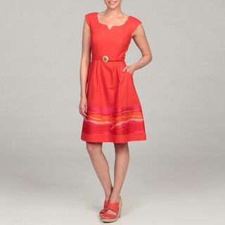 Chetta B Womens Orange Embroidered Hem Belted Dress