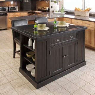 Nantucket Distressed Black Finish Kitchen Island with Two Bar Stools