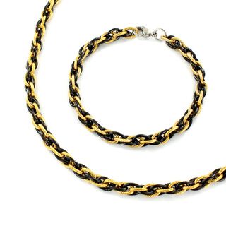 Stainless Steel Black and Goldtone Link Jewelry Set