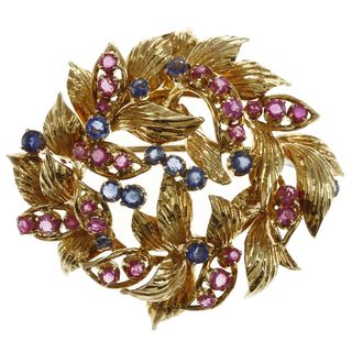 18k Gold Sapphire and Ruby Tiffany & Co. 1960s Leaf Estate Brooch